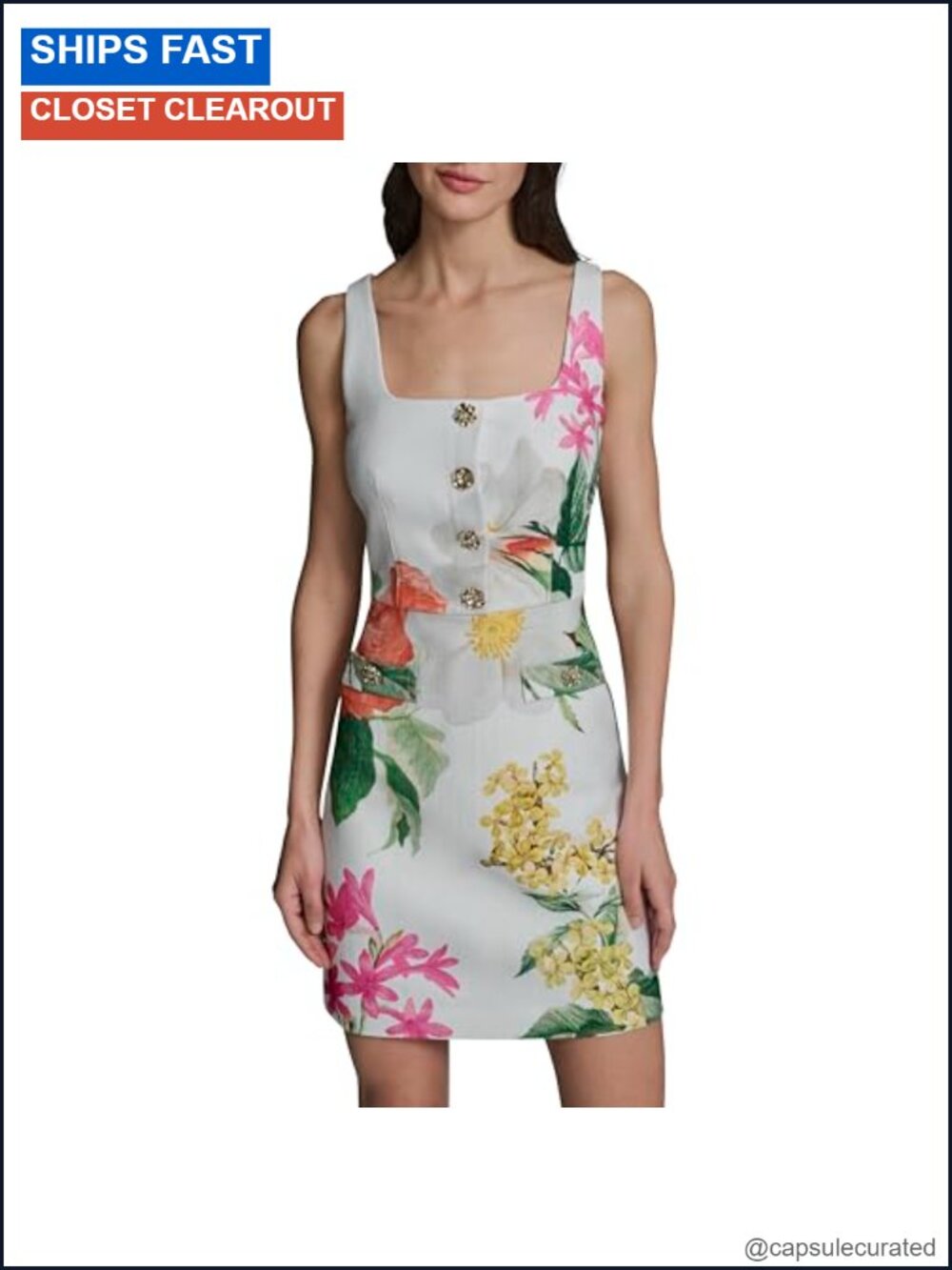 Sleeveless Square Neck Tweed A-line Mini Dress Floral